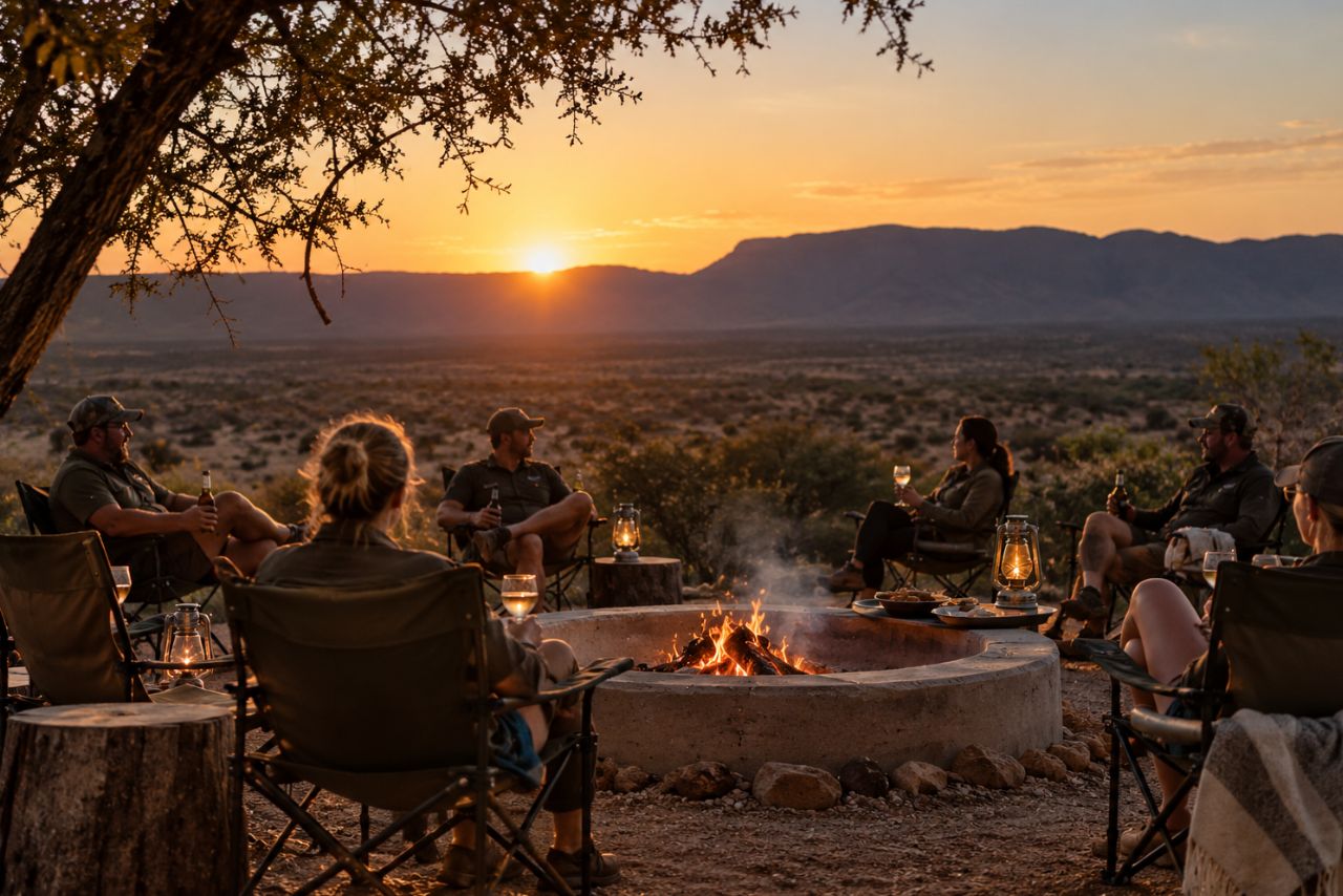Guests relax around the fire at sunset