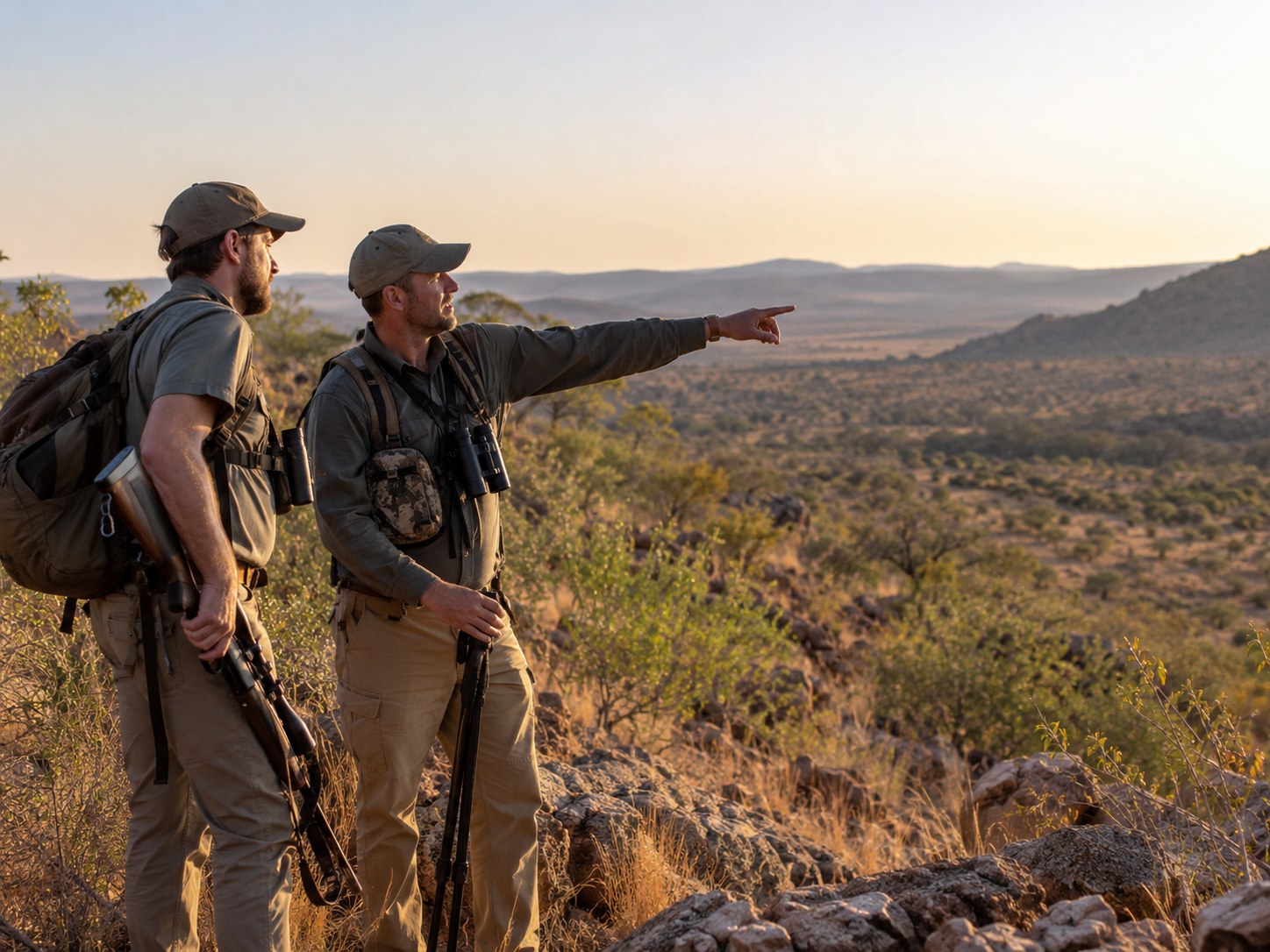 Two guides glass the veld from a rocky vantage point