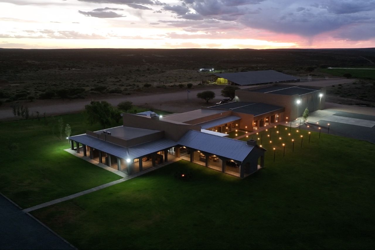 The lodge from the air at dusk