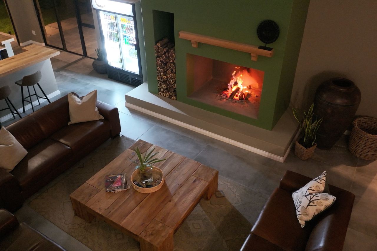 The lounge with its fireplace lit