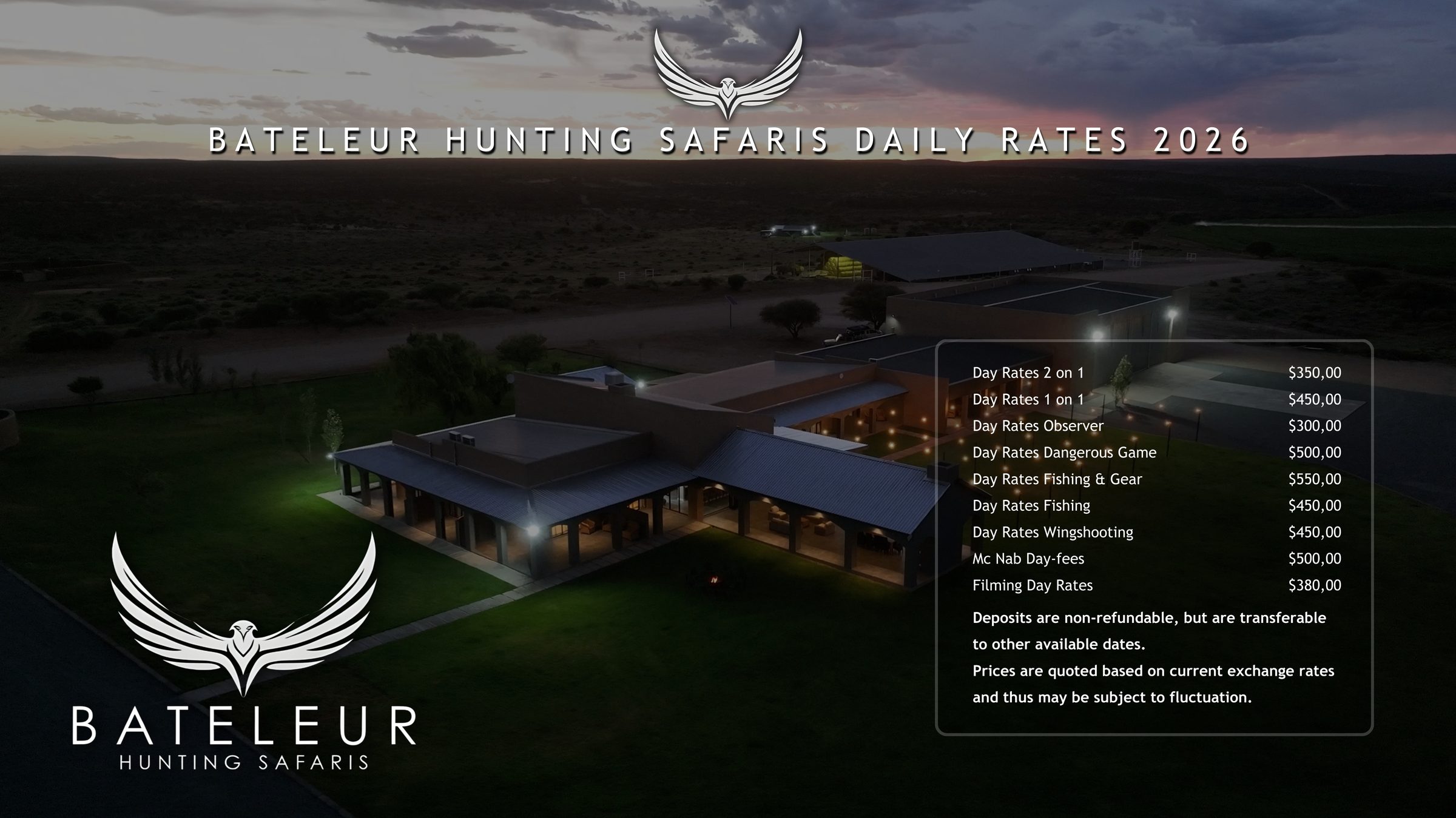 Bateleur 2026 daily rates for hunting, fishing, wingshooting and filming