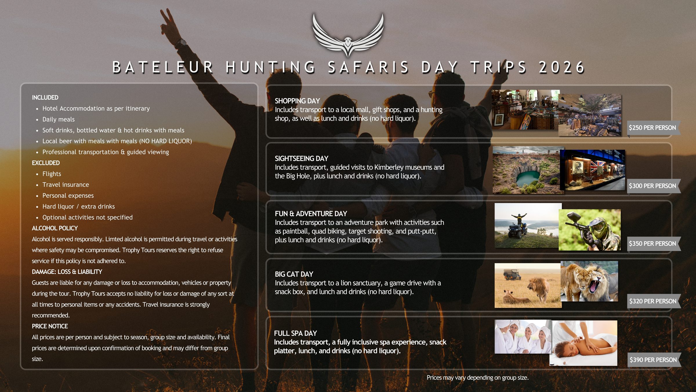 Bateleur 2026 day trip prices