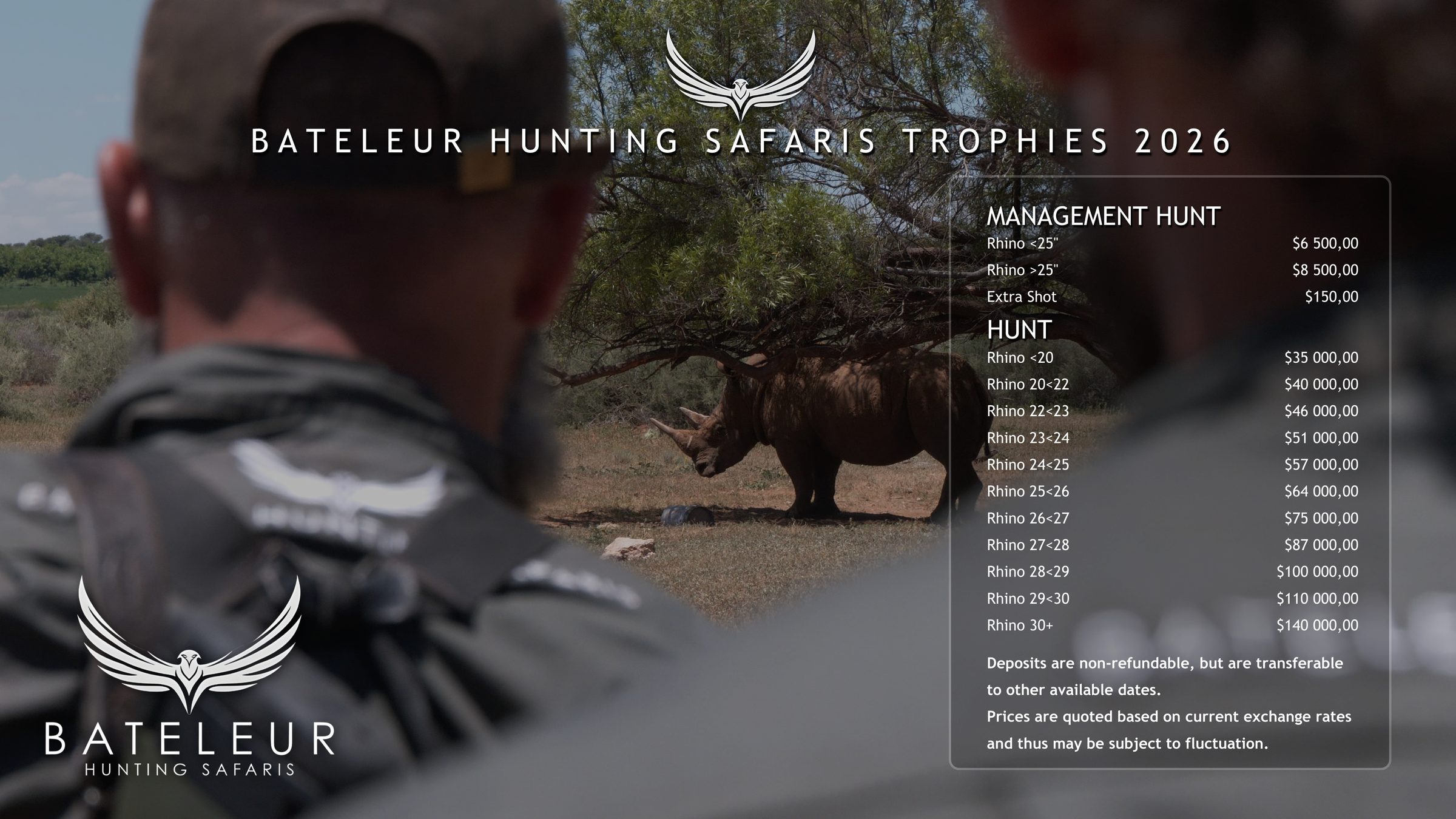 Bateleur 2026 rhino management and trophy hunt prices