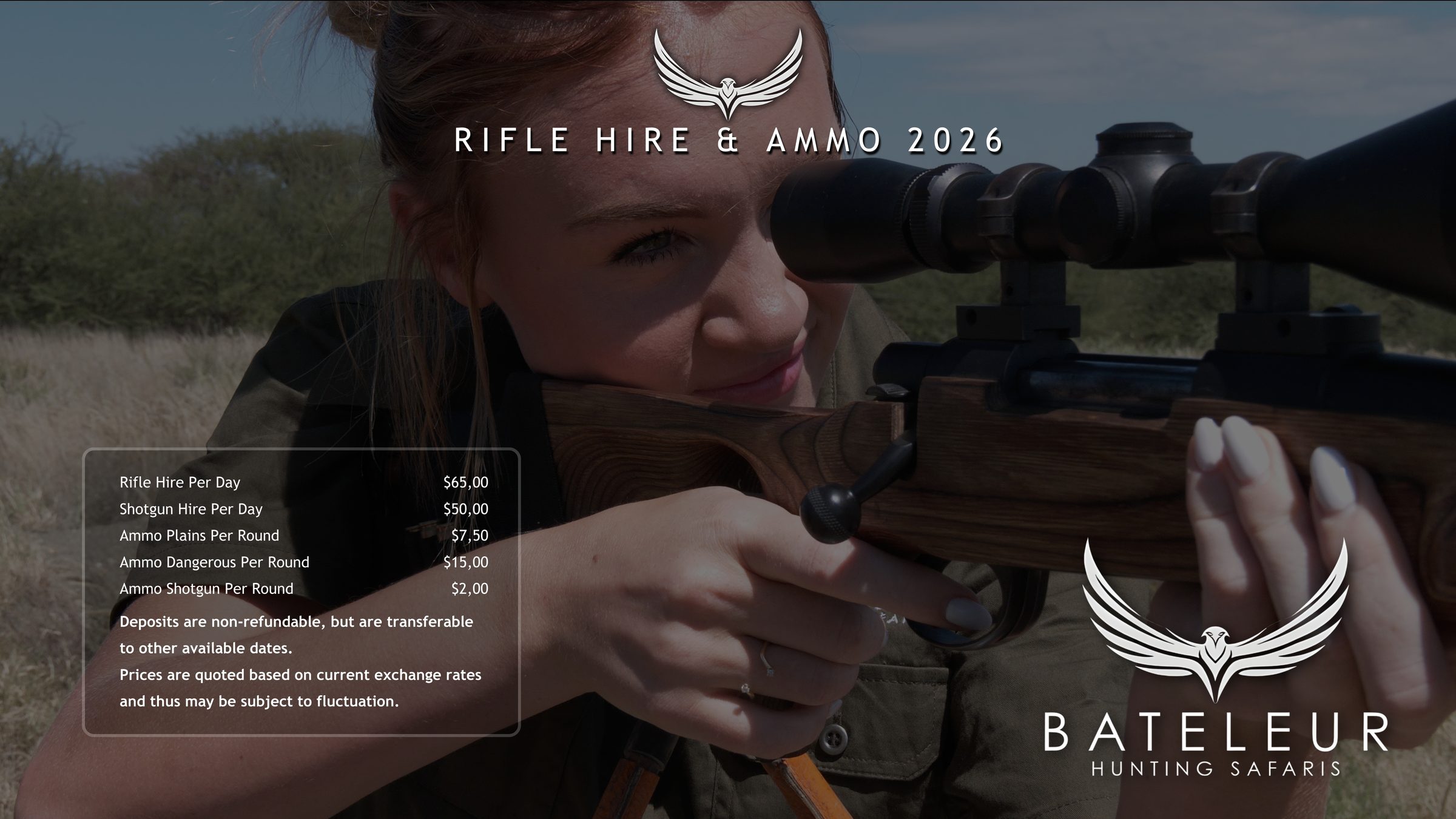 Bateleur 2026 rifle hire and ammunition prices