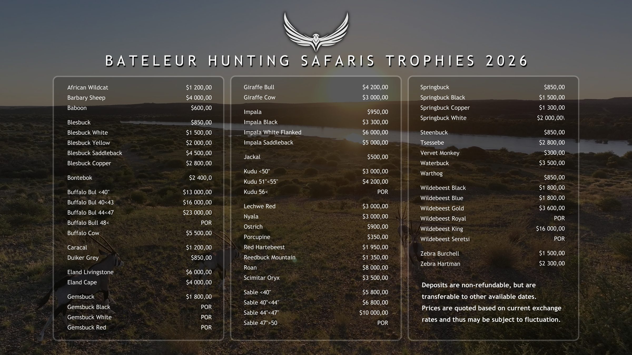 Bateleur 2026 trophy fees for plains game and buffalo