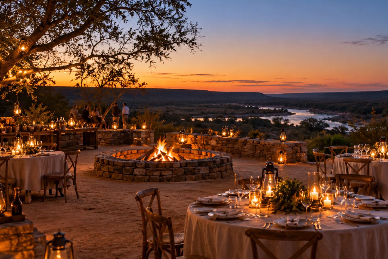 Candlelit tables around the boma at sunset